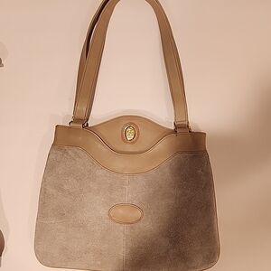 Cream Shoulder Bag with Rounded Shape and Tan Leather Trim